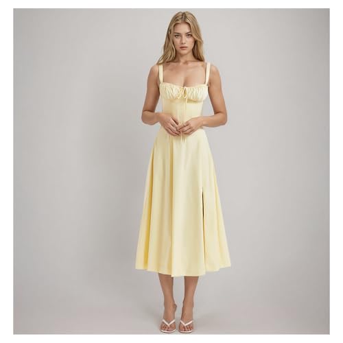 Women Floral Corset Dress, Boho Summer Spaghetti Straps Square Neck Casual Midi Dress Flowy Slit Bustier Dresses2