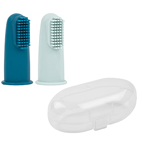Nattou Brosses à Dents en Silicone pour Bébé , 2x Brosses à Dents de Doigt Pour Bébés Et Tout-Petits, 1x Étui de Protection, Sans BPA, Silicone, Bleu