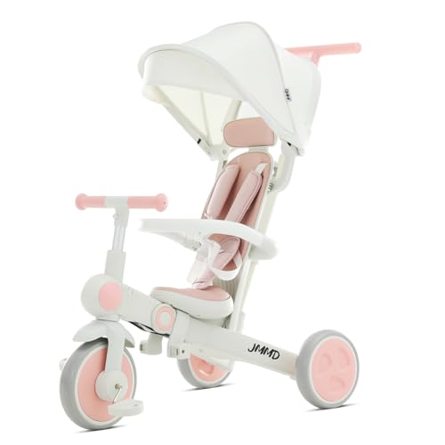 Image of JMMD Baby Tricycle, 7-in-1 Foldable Kids Trike with Adjustable Parent Handle, Safety Harness & Wheel Brakes, Removable Canopy, Stroll Trike for Boys & Girls Ages 18 Months-5 Years, Pink
