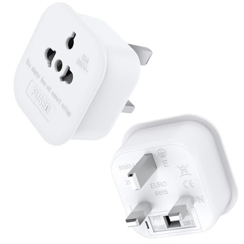 2 Pack European to UK Plug Adaptor, US to UK Travel Plug Adapter with 13A Fuse for USA, EU, Australia, Thailand, Canada, Japan and More (Type-G to Type A, B, C, I, E, F, L)