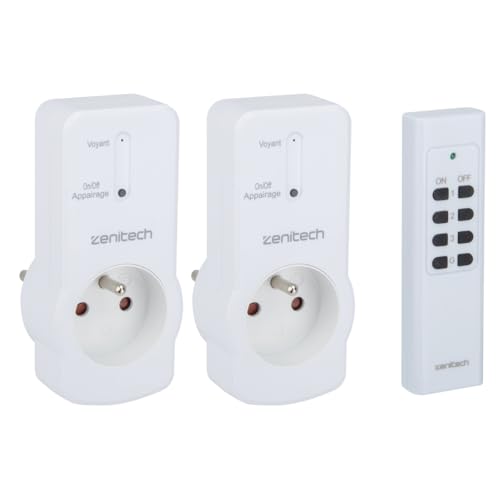 Zenitech - Lot de 2 prises 10A 2P+T télécommandées avec télécommande - Blanc