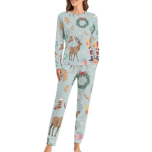 Pyjama femme Santa Elk le cadeau de nuit idéal avec t-shirt manches longues et pantalon