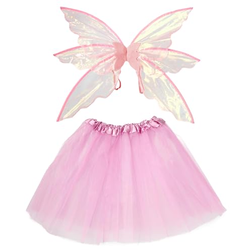 Disfarce de fada para mulher, asas de borboleta grandes com saia de tule em camadas, estilo princesa elfo para Halloween, carnaval, festas de fantasia (rosa, adulto/40 cm, fada borboleta)