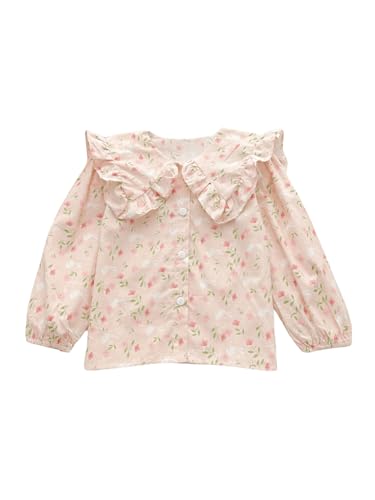 Image of BEAUDRM Girl's Long Sleeve Top Round Neck Ruffle Blouse Floral Print Button Down Shirt Top Pink 3Y
