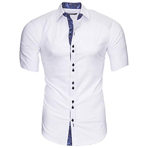 Kayhan Herren Hemd Kurzarm ROYAL Paisley Weiß/Dunkelblau L