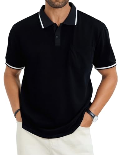 Men's Casual Short Sleeve Polo Shirts Classic Button Summer Collared Golf Top T-Shirt with Pocket