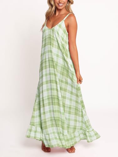 Image of LASPIA Spaghetti Strap Dresses for Women Plaid V Neck Maxi Sundress Beach Long Dress with Pockets