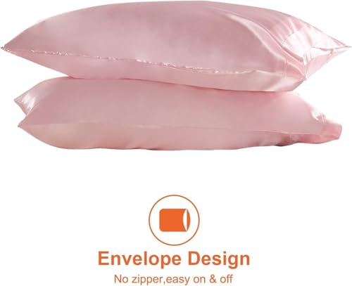 Image of Satin Pillow Covers Set of 2 - Soft & Smooth Pillowcases for Hair & Skin Care | Envelope Closure | Includes 3 Free Random Color Scrunchies | Frizz-Free Sleep Essentials (Pink)