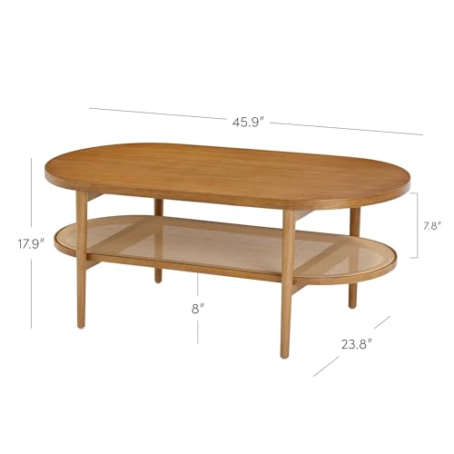 Image of Sonia Bohemian 2-Tier Oval Coffee Table, Living Room Cane Table with Storage Shelf and Mid-Century Legs in Honey Brown Wood with Rattan Accent