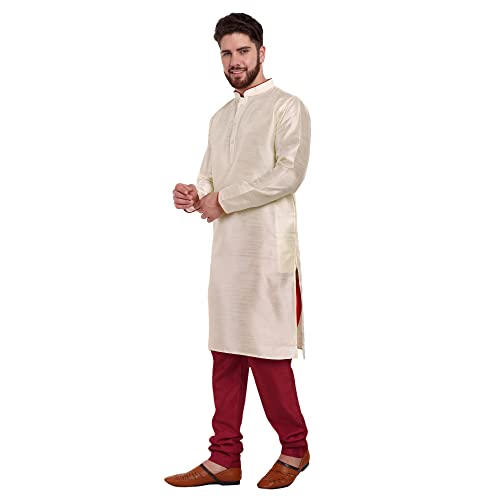 Image of SKAVIJ Men's Dupion Silk Regular Kurta Pajama Set Off-White XL