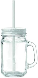 450 ml Glass Mason Drinking Smoothie Cocktail jar with Handle and tin lid and with Re-Usable Straw - White