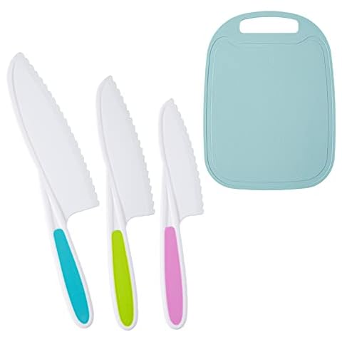 Sumteene Kids Knife Set, Kids Knifes for Real Cooking, 3 Pieces Kids Knife with Cutting Board, BPA-Free Kids Kitchen Knife with Serrated Edges for Cutting Fruit, Vegetable, Salad, Bread,Sandwich Cover