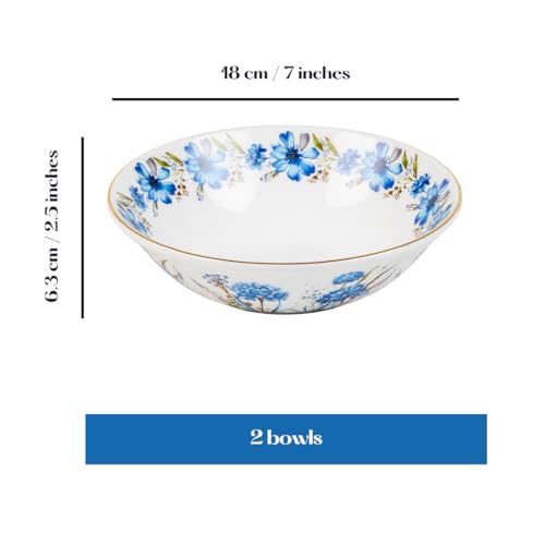 Image of GOLDEN QUEEN'S Bowls Set of 2 | Ideal for Snacks, Noodles, Ramen, Salad, Cereals, Rice | Microwave Safe | Handcrafted - Blue Floral in Wild Bush