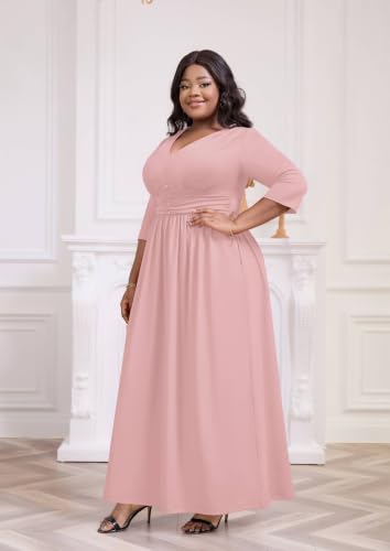 Image of Runwind Plus Size Maxi Dress 3 /4 Sleeve V-Neck Pleated Faux Buttons Pockets | Plus size dress for wedding guest work church, pleated front faux buttons, flowy maxi dress enhances elegance