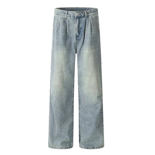 Men’S Straight Loose Fit Denim Jeans with Zipper Fly Mid Waist Light Wash Casual Wide Leg Pants with Pockets