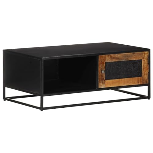 Table basse en bois sculpté à la main et cadre industriel noir