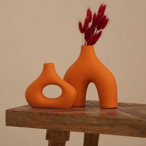 Image of PUREZENTO Abstract Orange Ceramic Donut Vase 5.4 & 7.7 Inch - Set of 2 | Decorative Unique Modern Vase for Dried Flowers & Pampas Grass | Vases for Modern Home Decor, Living Room, Office Decor Ideas