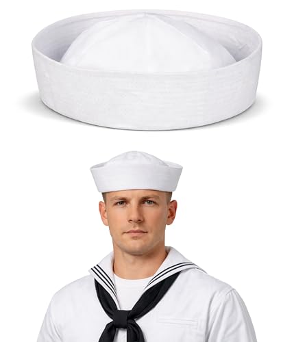 Mega_Jumble Adult White Doughboy Sailor Hat - Navy Marine Sea Party Classic Navy Style Costume Cap for Fancy Dress Costume Themed Parties Stage & Cosplay (Pack of 1)