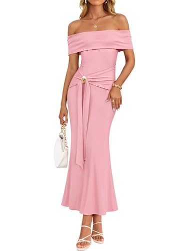 ZESICA Womens Summer Off The Shoulder Bodycon Maxi Dress 2026 Elegant Wedding Guest Formal Cocktail Party Long Dresses,Pink,Small