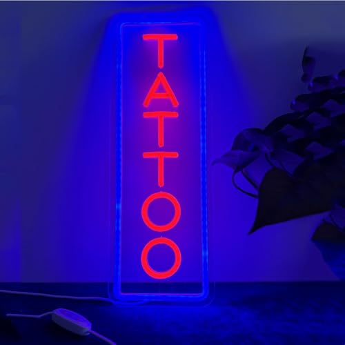 Image of Dimmable Tattoo Neon Sign,LED Reusable Neon Signs,Arylic Ice Blue Tattoo Shop Sign with Dimmer for Tattoo Salon, Studio, Shop Plaque,Tattoo Gifts for Friends,17x6In(Blue+Red)