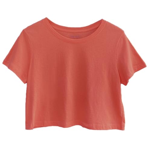 Image of Womens 100% Cotton Crop Tops Short Sleeve Crewneck Loose Fit Basic Tee Summer Casual Workout T-Shirt Fashion Clothes
