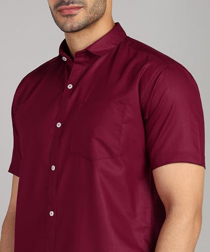 Image of MILDIN Men's Cotton Blend Solid Shirt with Spread Collared Half Sleeve Curved Hemline Button Closure Regular Fit and One Pocket | Half Sleeve Shirt for Men