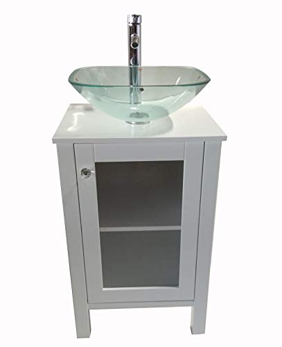 20" White Samll Freestanding Wooden Bathroom Vanity Bathroom (Square Glass Sink) (White)