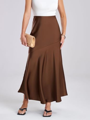 ebossy Women's Elegant Fishtail Long Skirt Silk Satin Hidden Elastic Waist Ruffle Flared A-Line Maxi Skirt3