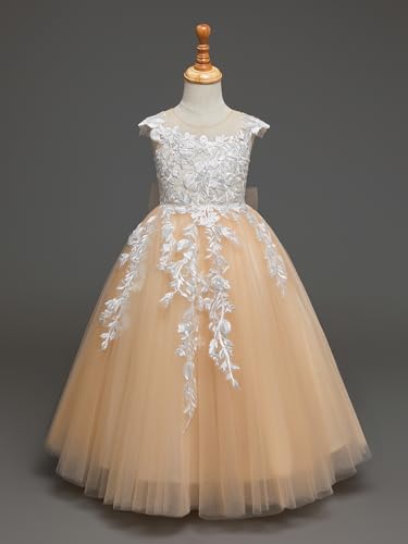 Tulle Flower Girl Dress Wedding Lace Applique Bow-Knot Ball Gowns Crew Neck Sleeveless Birthday Princess Long Dress4