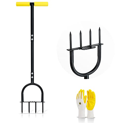 Colwelt Aireador de púas de césped, aireador de césped de jardinería para suelos y césped compactados, aireación antideslizante con mango en T con cuatro picos de acero sólido de 9 cm, 96 cm