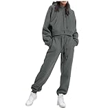 QJDFLL Damen Set mit Fleecefutter, einfarbig, Kapuzenpullover und Hose, langärmelig, Kapuzenpullover, Anzug für Winter (2 teilig)(Grey,M)