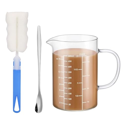 Glass Measuring Jug, 500ml Borosilicate Glass Measuring Cup with 3 Scales (ml/oz/Cup), Measuring Cups Resistant Borosilicate Measuring Cups with 1Pcs Cleaning Brush and A Stirring Stick