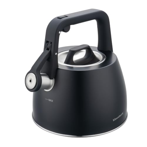 Bouilloire Klausberg en acier inoxydable avec sifflet en acier et poignée ergonomique, convient à tous les types de feux, moderne et pratique pour le café et le thé, 2,5 l (noir)