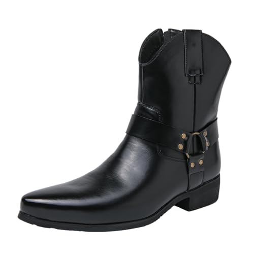 Image of Men's Western Cowboy Boots - Fashion Pointed Toe Chunky Low Heel Belt Buckle Side Zipper Ankle Retro Classic Anti-Slip Short Boots