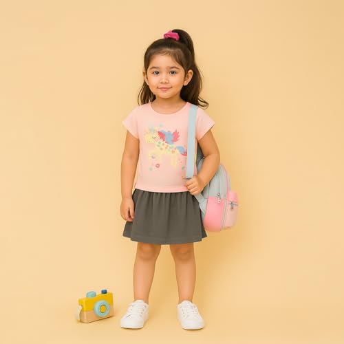 Image of Kidbea Baby Girls Cotton Top with Unicorn Print & Grey Skirt Set | Stylish Summer Clothing for Kids (Light Pink, 18-24 Months)