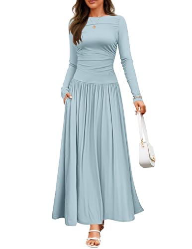 ZESICA Women's Long Sleeve Fall Maxi Dress 2025 Crewneck Knit Casual Slim Swing Pleated Dresses with Pockets