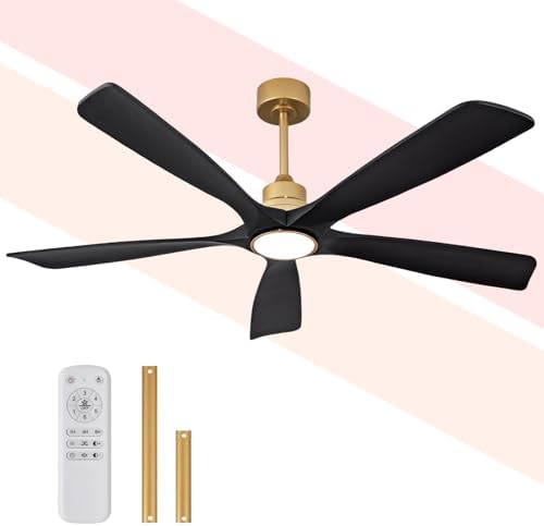 60 Inch Large Black Ceiling Fan with Light with 5 Solid Wood Blades, Gold Ceiling Fans with Lights,for Indoor Bedroom, Living Room, Dining Room, 6 Speeds, Silent DC Motor, Dimmable Led