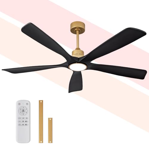 60 Inch Large Black Ceiling Fan with Light with 5 Solid Wood Blades, Gold Ceiling Fans with Lights,for Indoor Bedroom, Living Room, Dining Room, 6 Speeds, Silent DC Motor, Dimmable Led
