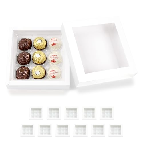 Bakipack 12 Truffle Boxes, Chocolates Box, White Truffle Gift Packaging With 9-Piece Plastics Tray
