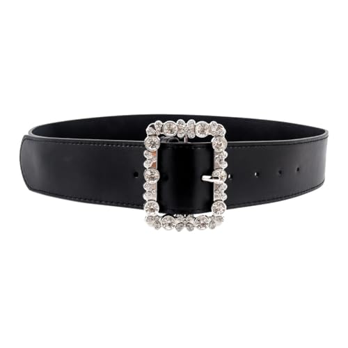 esowemsn 1PC Black Imitation Leather Waist Belt Women's Leather Belt with Square Rhinestones Buckle for Jeans Pants Dress Skirt