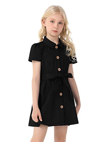 Huanye Girl's Short Sleeve Button Down Shirt Summer Polo School Uniform Dress, Black, 5-6 Years #TOP1