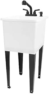 White Space Saver Utility Sink by JS Jackson Supplies, Freestanding Tehila Space Saving Laundry Tub, Black Pull-Out Faucet, Soap Dispenser