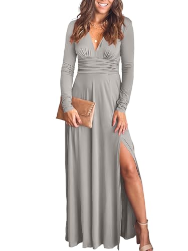 ANRABESS Women Deep V Neck Long Sleeve Slit 2026 Fall Elegant Formal Wedding Guest Cocktail Evening Date Prom Maxi Long Dress Grey Medium