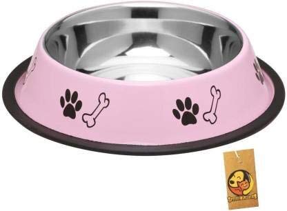 Image of Foodie Puppies Stainless Steel Dog Bowl Combo - (Medium, 700ml) Food and Water Feeding Gift Bowl | Suitable for Dogs, Cats and Other Pets I Paw Bone Print, Anti-Skid Rubber Base (Pink + Yellow)