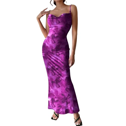 Image of Women's Spaghetti Strap Maxi Dress Floral Print Bodycon Long Dress Summer Beach Vacation Wedding Guest Outfits