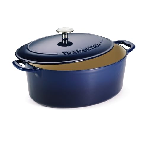 Image of TRAMONTINA Bestow Oval Dutch Oven 6.6L with Lid | Enameled Cast Iron Casserole Pot & Biryani Pot | Even Heat Retention | Low Oil Healthy Cooking | No Seasoning Required | All Cooktops Compatible | Blue