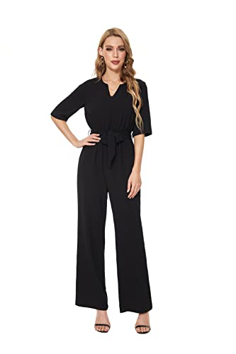 Jumpsuits for Women Casual Loose 3/4 Sleeve V-neck Rompers Long Pants Wide Legs Overall with Belt L Jumpsuits for Women Casual Loose 3/4 Sleeve V-neck Rompers Long Pants Wide Legs Overall with Belt L