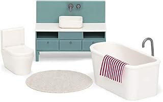 LUNDBY Dolls House Furniture Bathroom Set  Freestanding Bath + Sink Unit + Toilet + Mat + Towel  Doll House Accessories  5 pieces  for 11cm Mini Dolls  Age 3+ 1:18