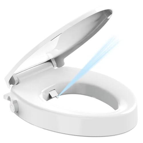 Huttdmel Raised Toilet Seat Elongated 18.5" with Bidet – Soft Close, Dual Self-Cleaning Nozzles, Quick Release & Connect, Sturdy PP, Won't Loosen, Ideal for Seniors, Elderly & Limited Mobility, White