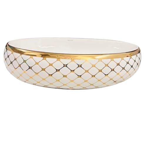 Image of Wallace Premium Countertop Wash Basin 60x40x15 cm | Oval Ceramic Table Top Sink | White & Gold Finish | Glossy Designer Bathroom Vanity Wash Bowl | Modern Luxury Above Counter Basin